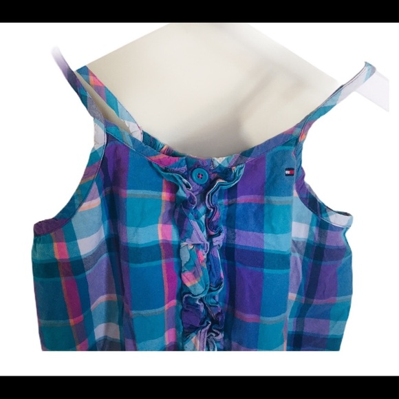 TOMMY HILFIGER Spaghetti Strap Plaid Short Romper With Pockets Purple Girl 6Y - Picture 3 of 10